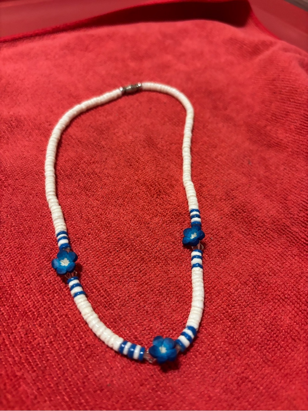 White and Blue Floral Puka shell style  Necklace